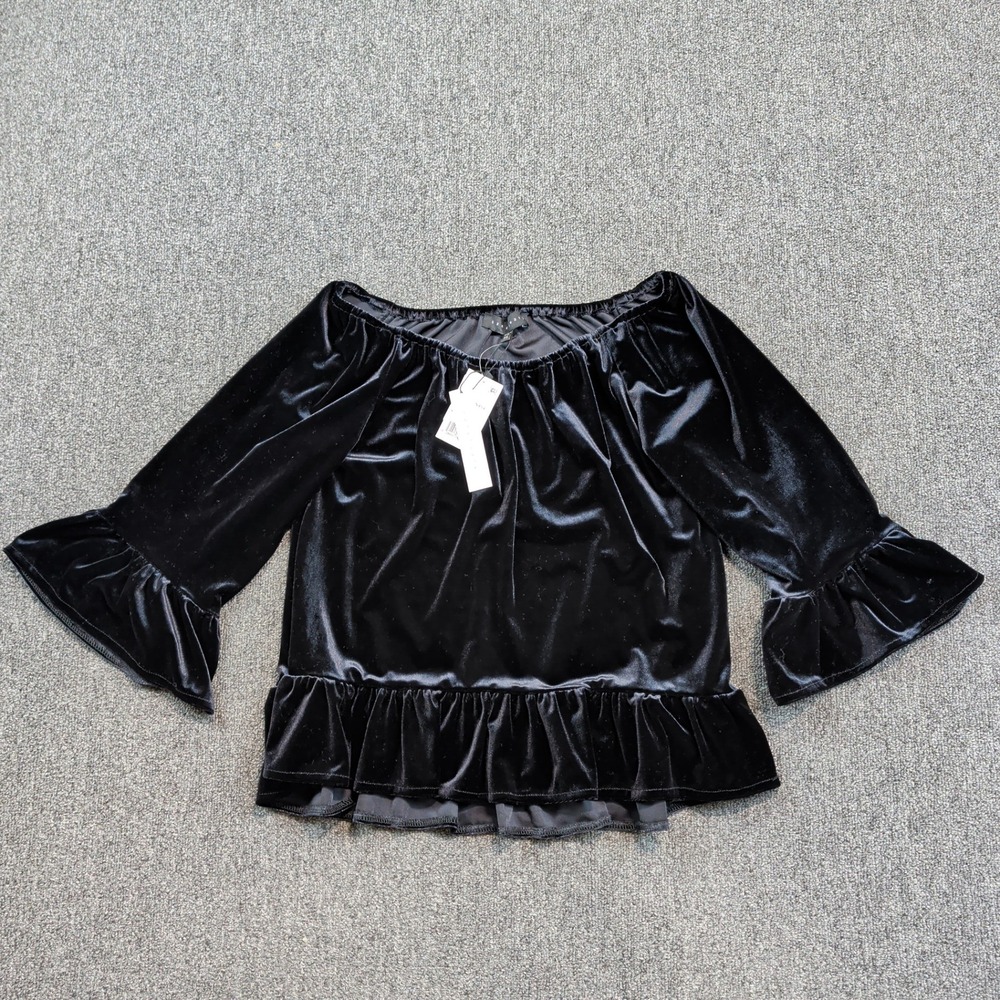 Sanctuary Romantic Velvet Off The Shoulder Top XS Black Ruffle Bell Sleeve Goth